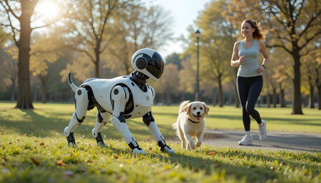 Two female robots running in the park. They are looking at each other.の素材