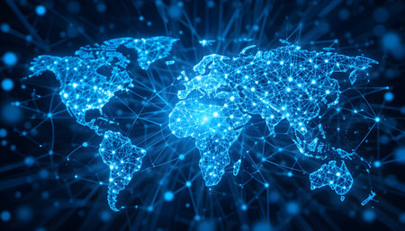 Global network connection. Polygonal world map on blue background. 3D renderingの素材