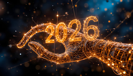 Businessman on blurred background holding 2016 in his hand 3D renderingの素材