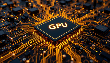 Close-up view of a modern GPU card circuit. 3D renderingの素材