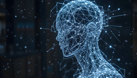 3D rendering of artificial intelligence concept with man head on dark backgroundの素材