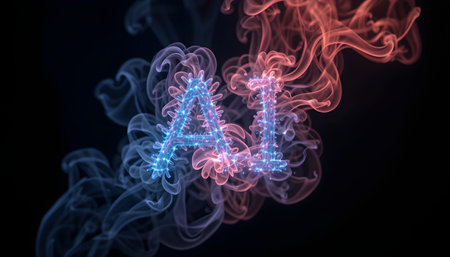 Glowing neon illustration of the letter A with blue and red smoke on a black backgroundの素材