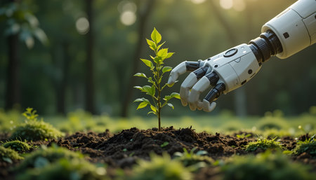 Robot hand planting a tree in the garden, artificial intelligence conceptの素材