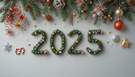 2023 text with christmas decorations on white background. 3d illustrationの素材