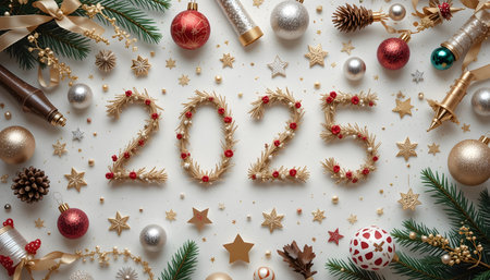 Happy New Year 2023 with Christmas decorations on white background. Flat lay, top view.の素材