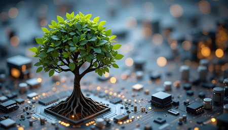 3D render of a small tree on a circuit board with electronic componentsの素材