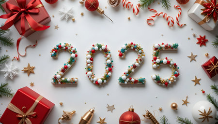 Happy New Year 2015. Christmas decorations on white background. Flat lay, top viewの素材