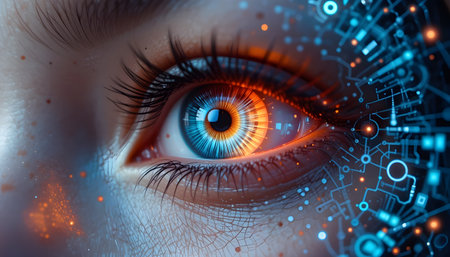 Close up of female eye with digital circuit. Technology concept. 3D Renderingの素材