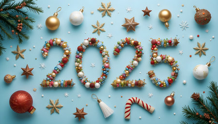 New Year and Christmas holiday background. Decorations, balls, stars, fir branches on blue backgroundの素材