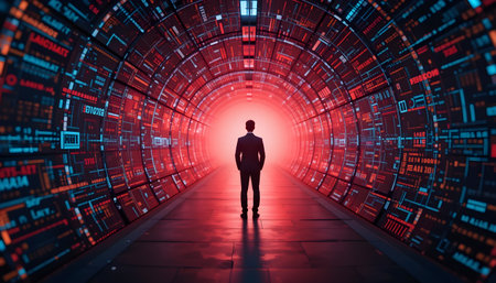 Businessman in futuristic tunnel with binary code. 3D Renderingの素材