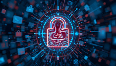 Cyber security concept. Fingerprint and padlock on digital background. 3D Renderingの素材