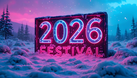 Happy New Year 2016. Neon sign in snowy forest. 3D renderingの素材