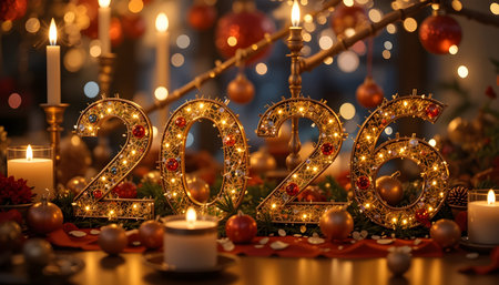 Happy New Year 2026. Festive background with candles and Christmas decorations.の素材