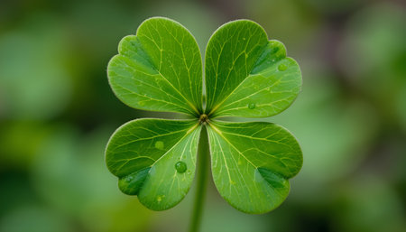 Green clover leaf with water drops on it. Shallow depth of field.の素材