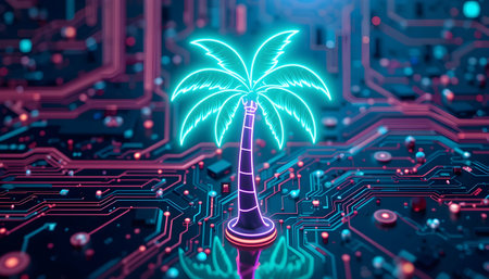 Circuit board with neon palm tree icon. 3D Renderingの素材