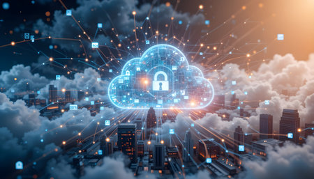 Cloud computing security concept. 3d rendering toned image double exposureの素材