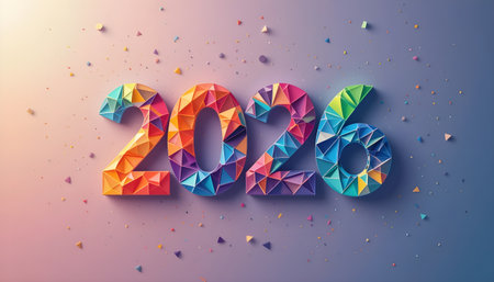 Happy new year 2016. Origami polygonal figures with colorful confetti.の素材