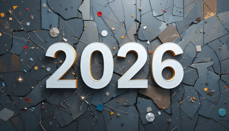 Happy New Year 2026 Text on cracked wall background. 3D Renderingの素材