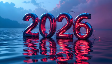 Happy New Year 2016. 3D Rendering. Red numbers 2016 on the waterの素材