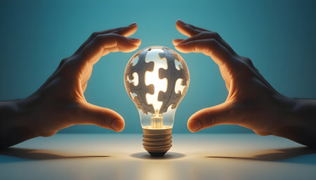 Hands holding light bulb with world map inside. 3D renderingの素材