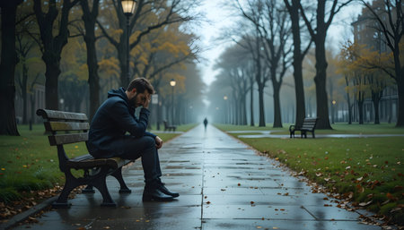 Sad man sitting alone on a bench in an autumn park in the fogの素材