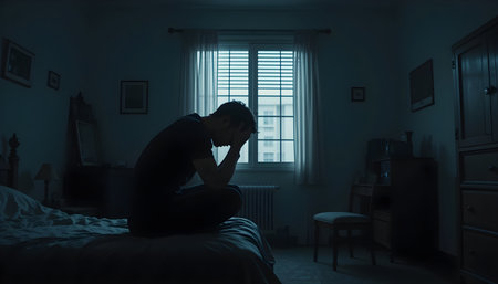 Depressed man sitting on the bed in the dark room at nightの素材