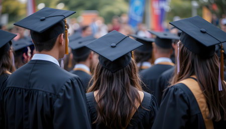 back view of a group of graduates in cap and gowns standing in lineの素材