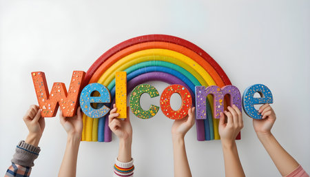 Hands holding word welcome with rainbow on white background, closeupの素材