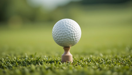 Golf ball on green grass ready to be shot into the holeの素材