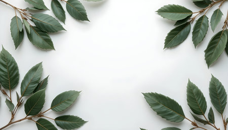 top view of green laurel leaves on white background with copy spaceの素材