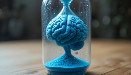 Brain and hourglass with blue sand on wooden table. Artificial intelligence conceptの素材
