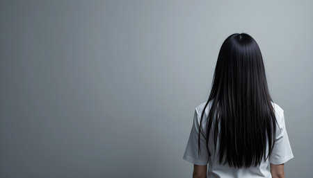 Back view of asian woman with long black hair in white shirt on gray backgroundの素材