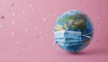 Earth globe with medical mask and dandelions on pink background.の素材