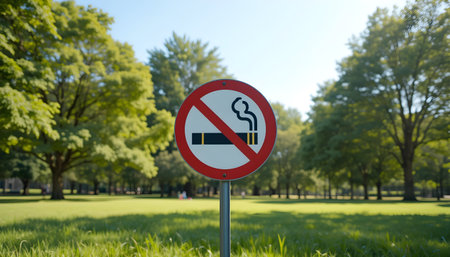 No smoking sign in the park with grass and trees in the backgroundの素材