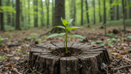 Plant growing on a stump in the forest. Concept of environmental conservation.の素材