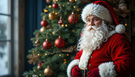 Portrait of Santa Claus at home near Christmas tree. Christmas and New Year concept.の素材