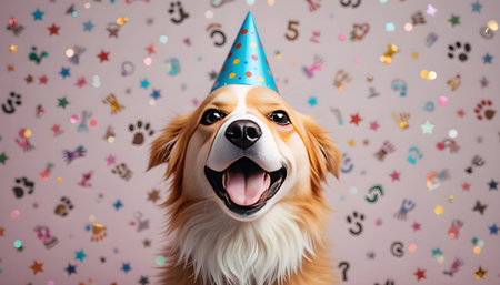 Cute dog with birthday hat on pink background with confetti.の素材