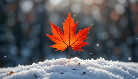 Autumn maple leaf on snow with bokeh background. 3d renderの素材