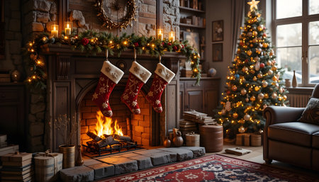 Beautiful Christmas interior with fireplace, Christmas tree and christmas socksの素材
