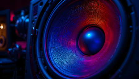 Audio speaker with blue and red light. Shallow depth of field.の素材