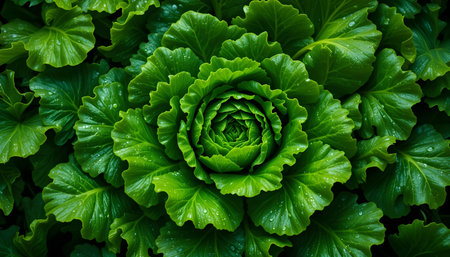Green cabbage plant in garden. Top view of decorative cabbage plant.の素材