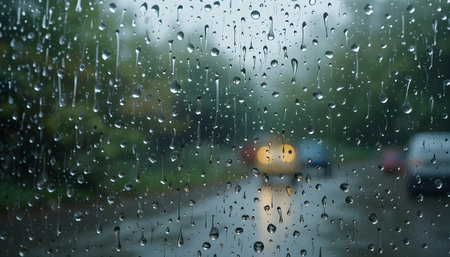 Rain drops on the glass with blurred car on the road background.の素材