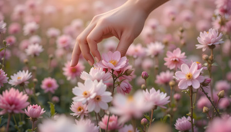 Woman hand touching pink flowers in the garden. Selective focus.の素材