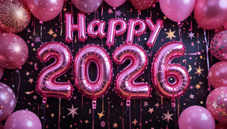 Happy New Year 2015 celebration background with pink balloons and confetti. 3D Renderingの素材