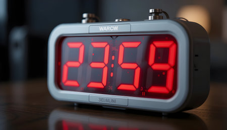 Digital Alarm Clock Closeup on Wooden Table. 3D Render.の素材