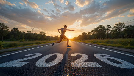 Young woman running on the road to the new year in 2020.の素材