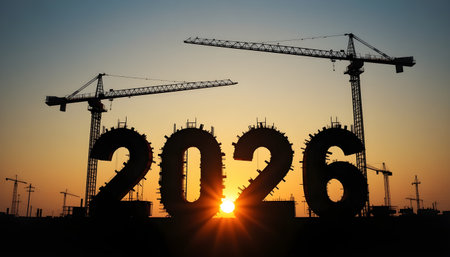 Silhouette of the new year 2016 on the background of the construction siteの素材