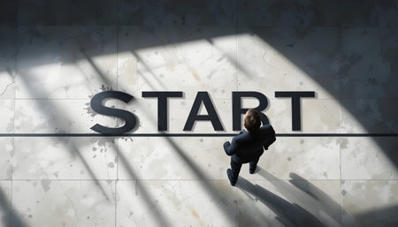 Conceptual image of a young businessman sitting in front of start signの素材