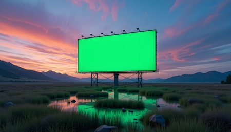 Blank billboard in the grassland at sunset. 3d rendering.の素材