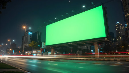 Blank billboard on the road with light trails and cityscape background.の素材